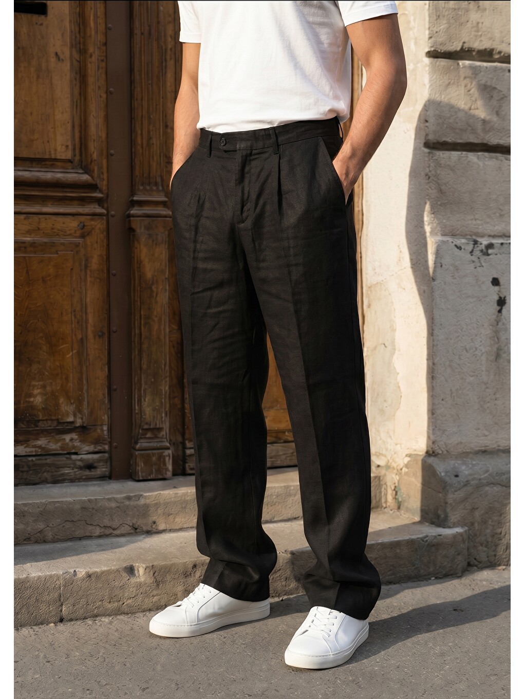 Siyah Tirva Keten Baggy Bol Paça Erkek Pantolon-2