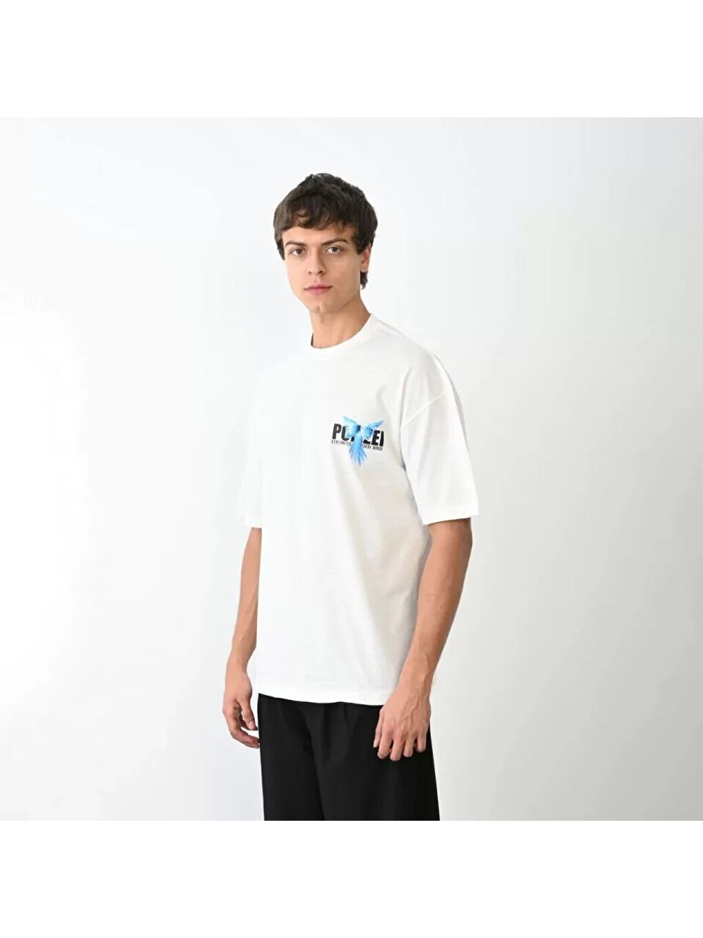 Unisex Bisiklet Yaka Baskılı Oversize T-Shirt - Beyaz-2