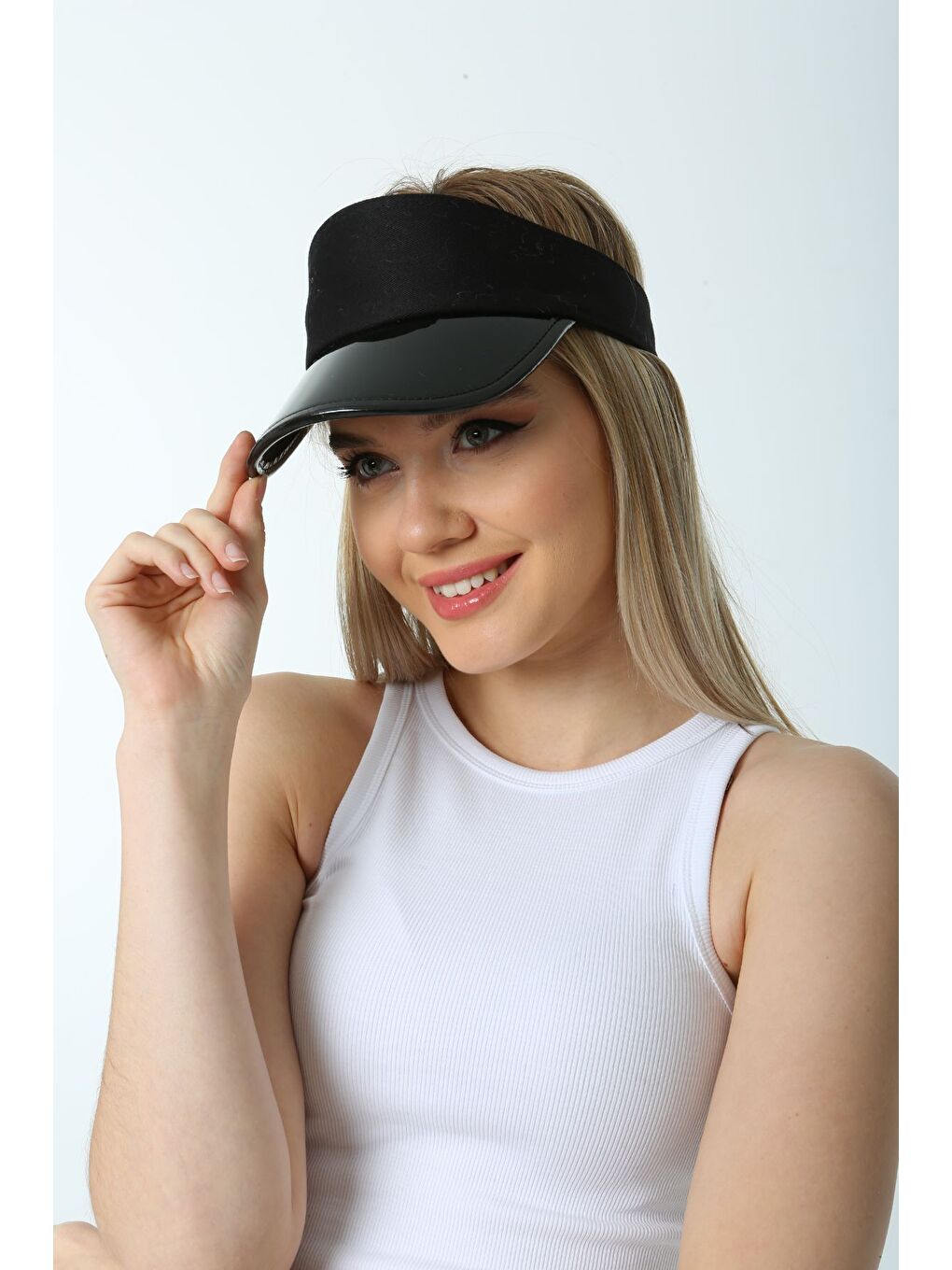 Siyah Tepesi Açık Aynalı Rugan Tenisçi Vizör Şapka SPK14-2