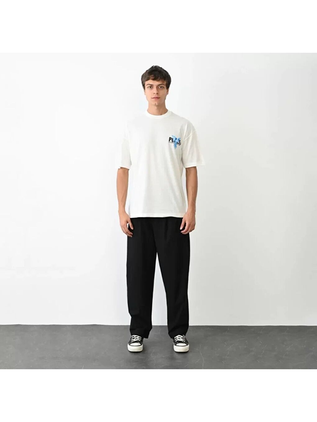 Unisex Bisiklet Yaka Baskılı Oversize T-Shirt - Beyaz-3