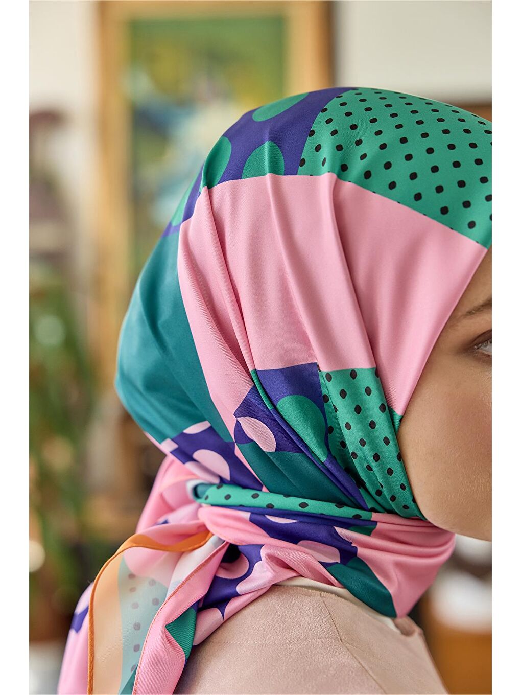 Yeşil Desenli Twill İpek Eşarp Wish-4