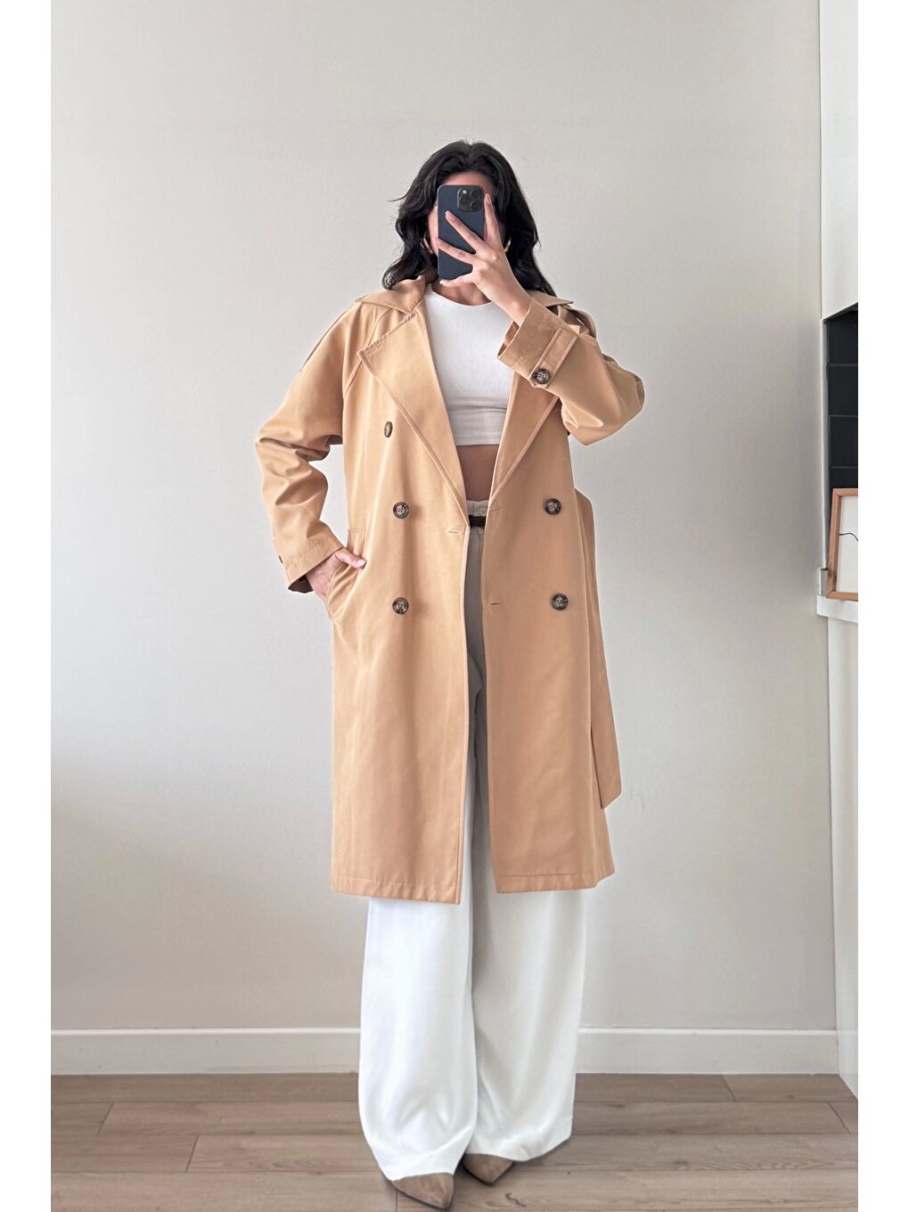 Kahverengi Kadın Camel Uzun Trenç 1041-5051