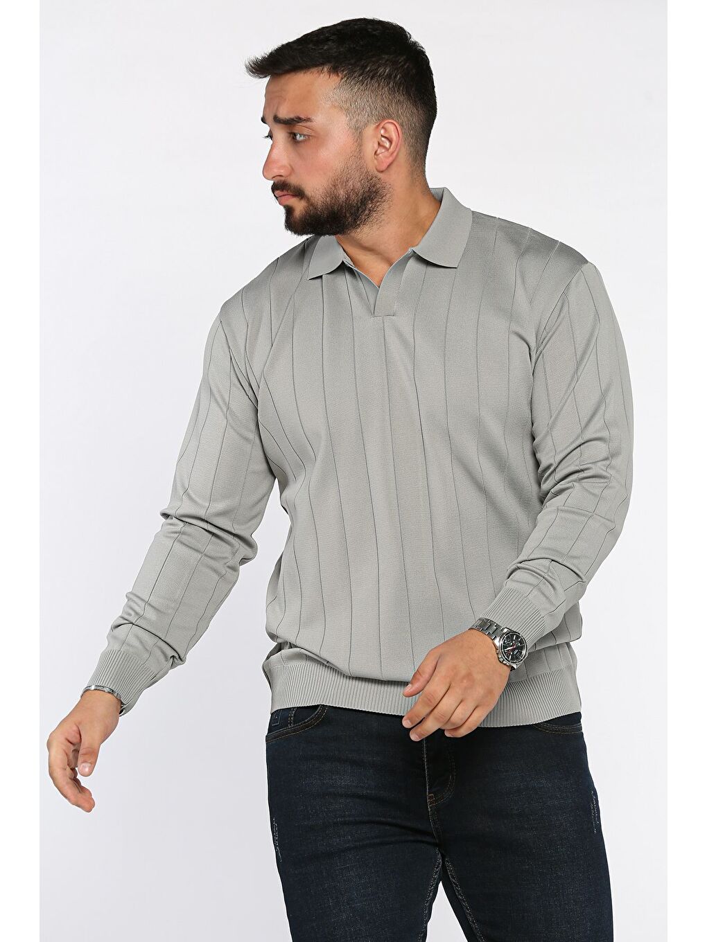 Gri Polo Yaka Çizgi Desenli Erkek Triko Kazak-1