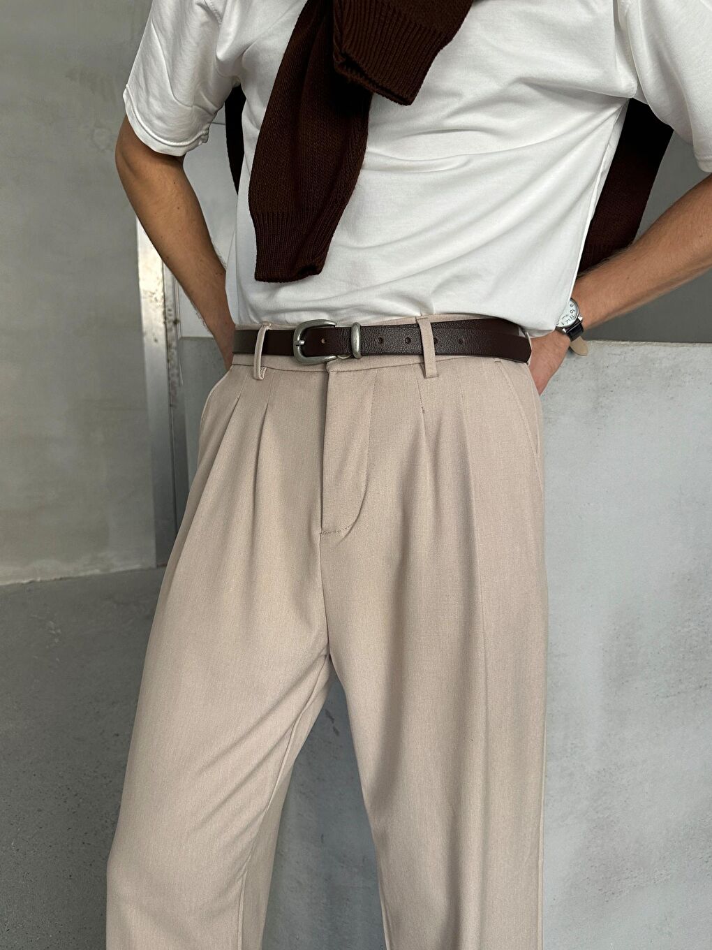 Ekru Erkek Pileli Baggy Kalıp Kumaş Pantolon-5