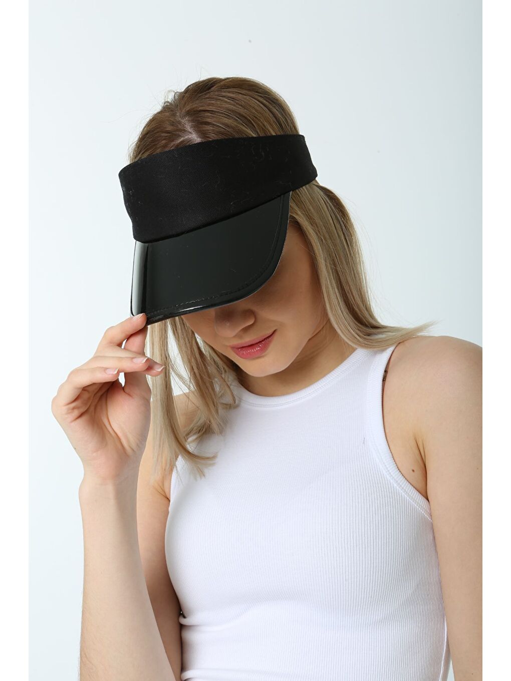 Siyah Tepesi Açık Aynalı Rugan Tenisçi Vizör Şapka SPK14-3