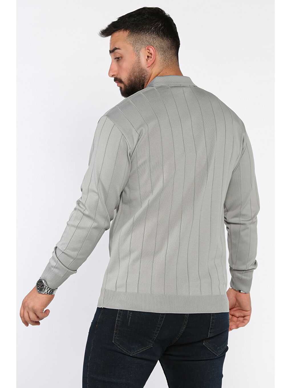 Gri Polo Yaka Çizgi Desenli Erkek Triko Kazak-2