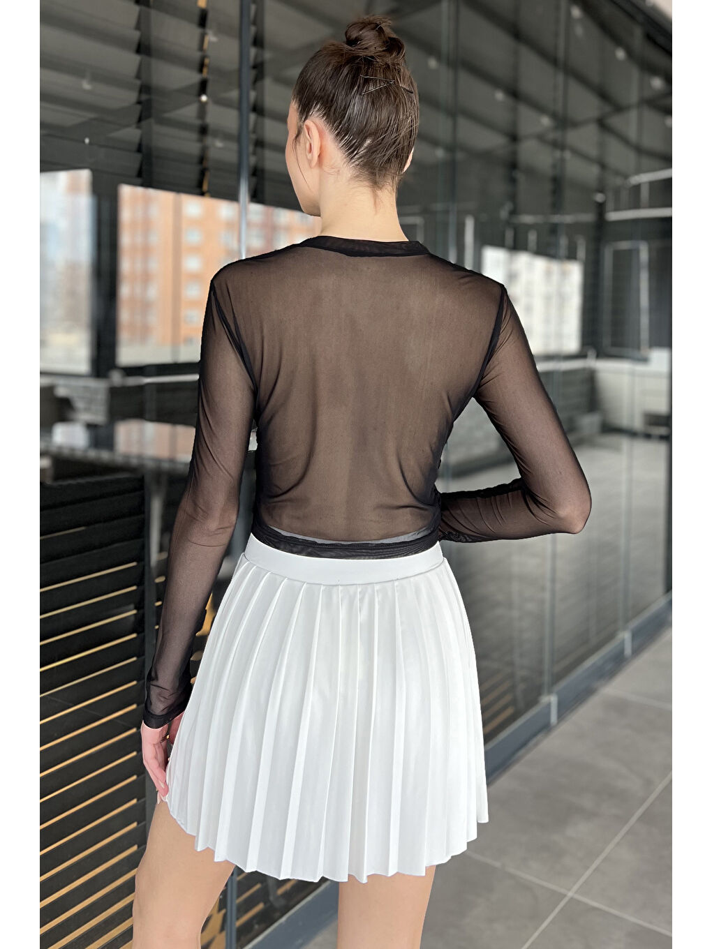 Ekru Kadın Elastanlı Pileli Şort Etek-2