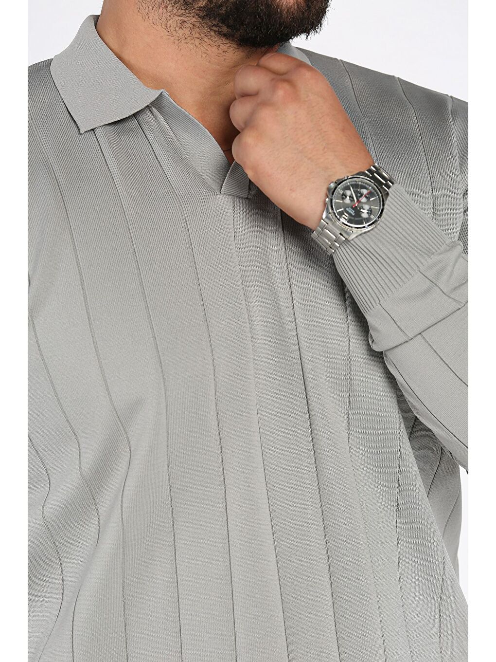 Gri Polo Yaka Çizgi Desenli Erkek Triko Kazak-3