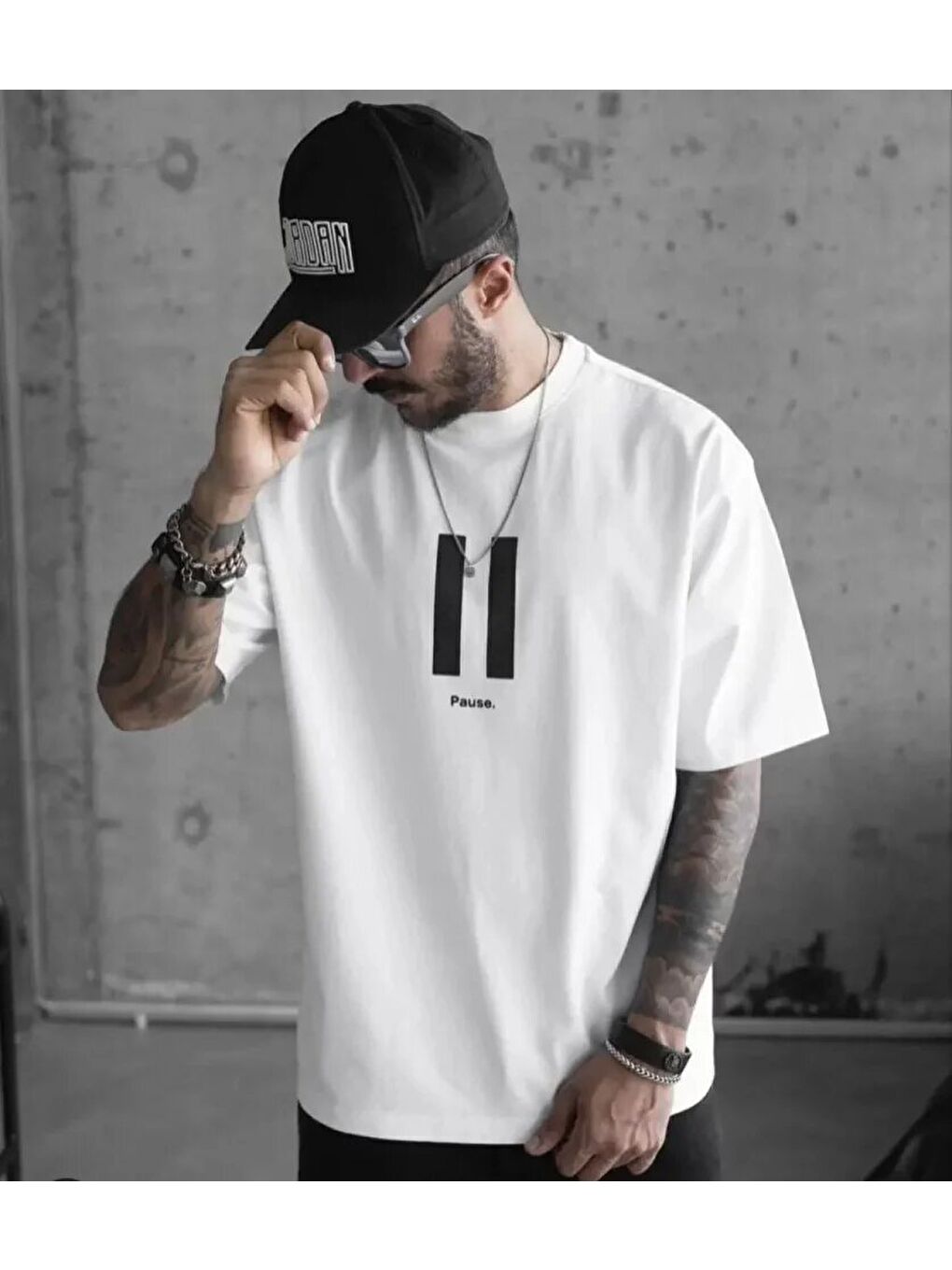 Unisex Bisiklet Yaka Baskılı Oversize T-Shirt - Beyaz-1