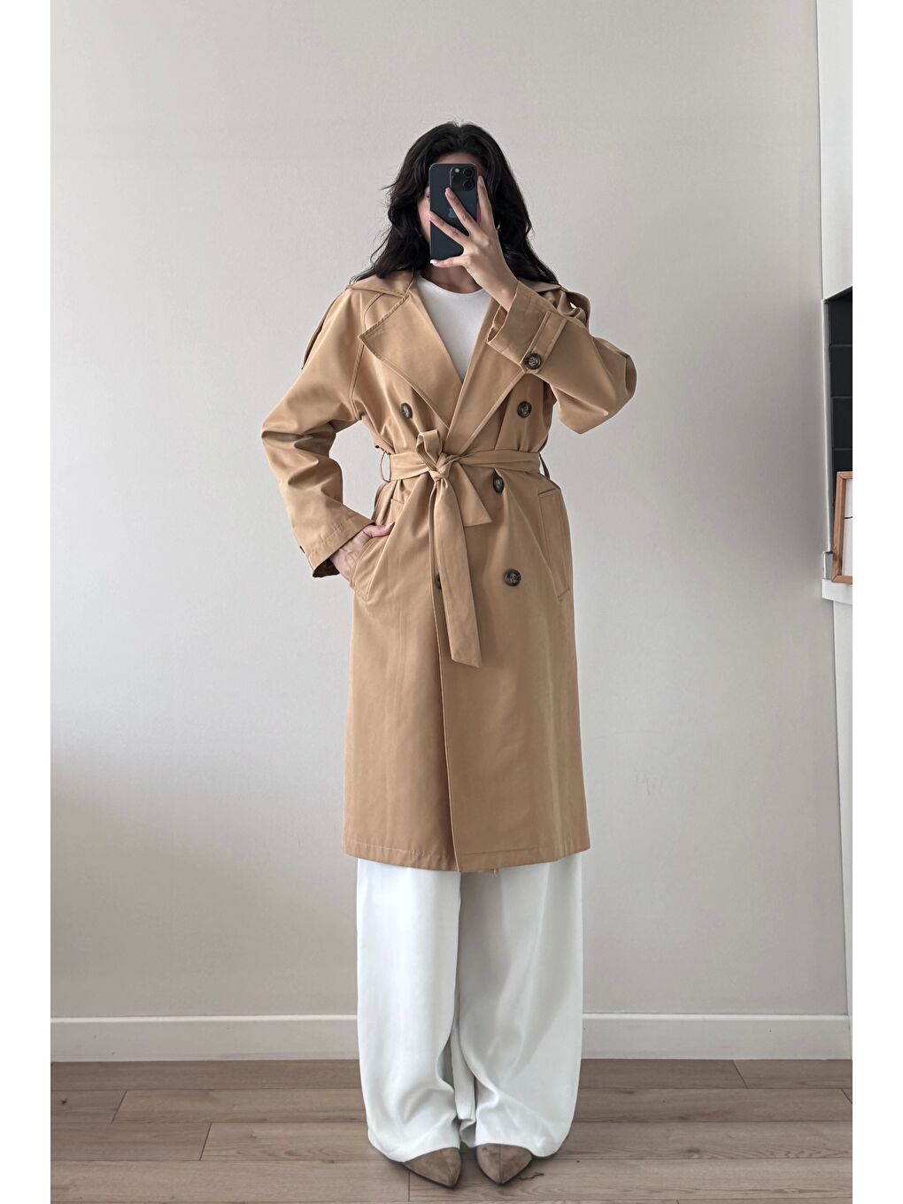 Kahverengi Kadın Camel Uzun Trenç 1041-5051-1