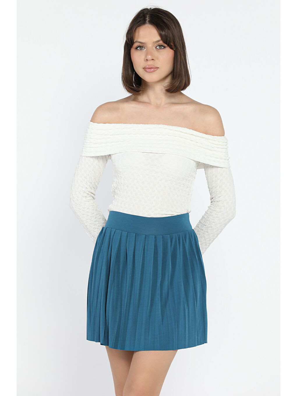 Petrol Kadın Elastanlı Pileli Şort Etek-1