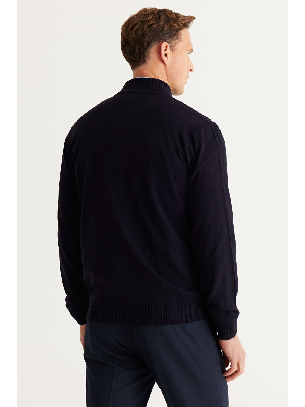 Erkek Lacivert Tüylenme Yapmayan Standart Fit Normal Kesim Dik Yaka Triko Hırka-5