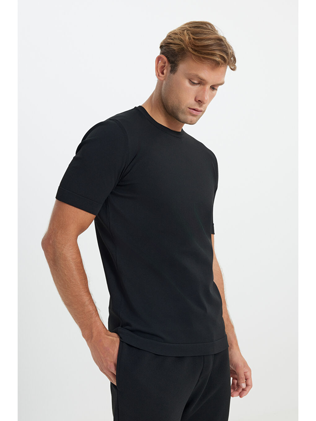 Erkek Siyah Standart Fit Normal Kesim Bisiklet Yaka Triko Tişört-2
