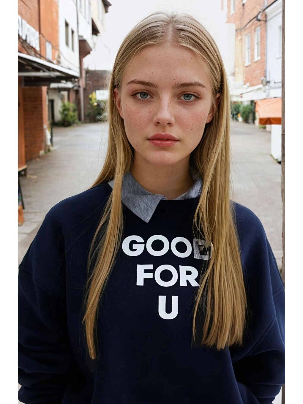 Lacivert Good For U Baskılı Oversize Üç İplik Kadın Sweatshirt-2