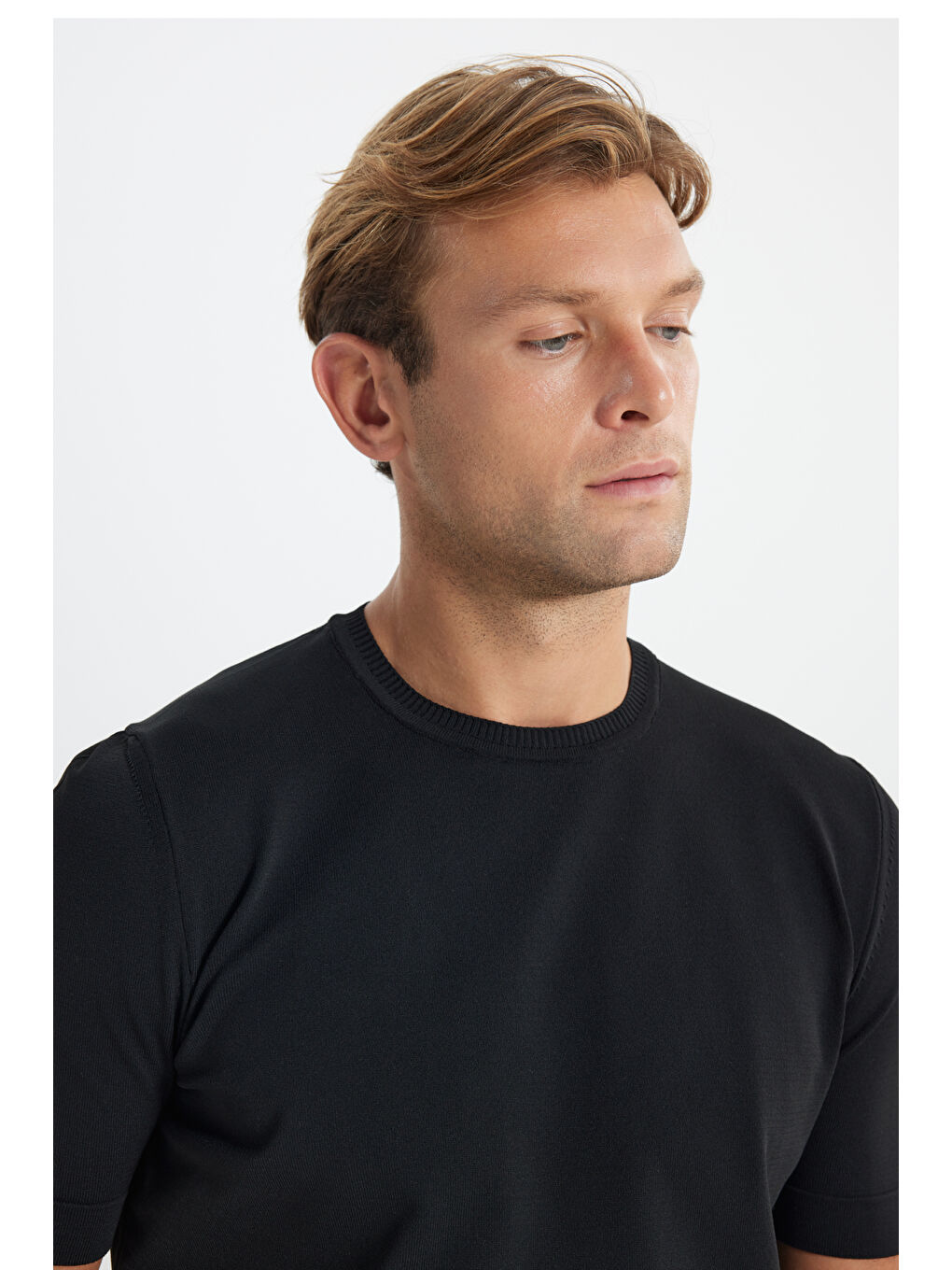 Erkek Siyah Standart Fit Normal Kesim Bisiklet Yaka Triko Tişört-3