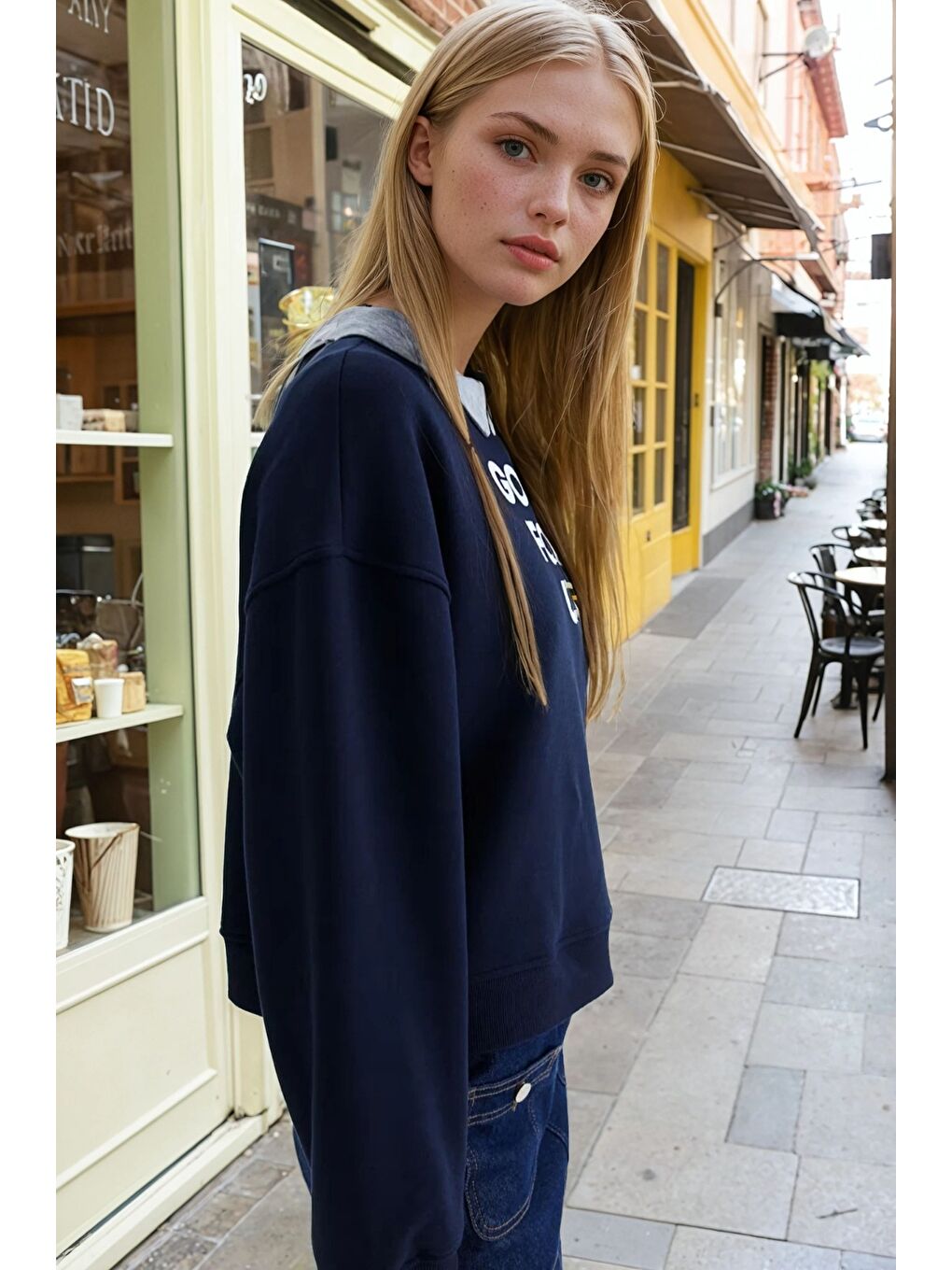 Lacivert Good For U Baskılı Oversize Üç İplik Kadın Sweatshirt-3