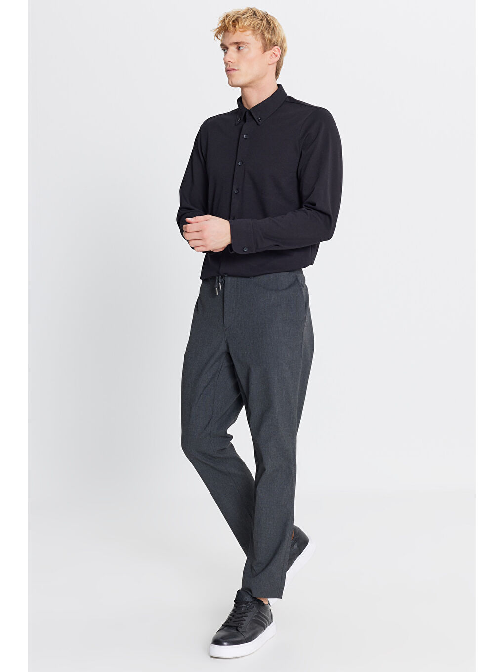 Erkek Antrasit Dar Kesim Beli Bağlamalı Yan Cepli Pantolon-2