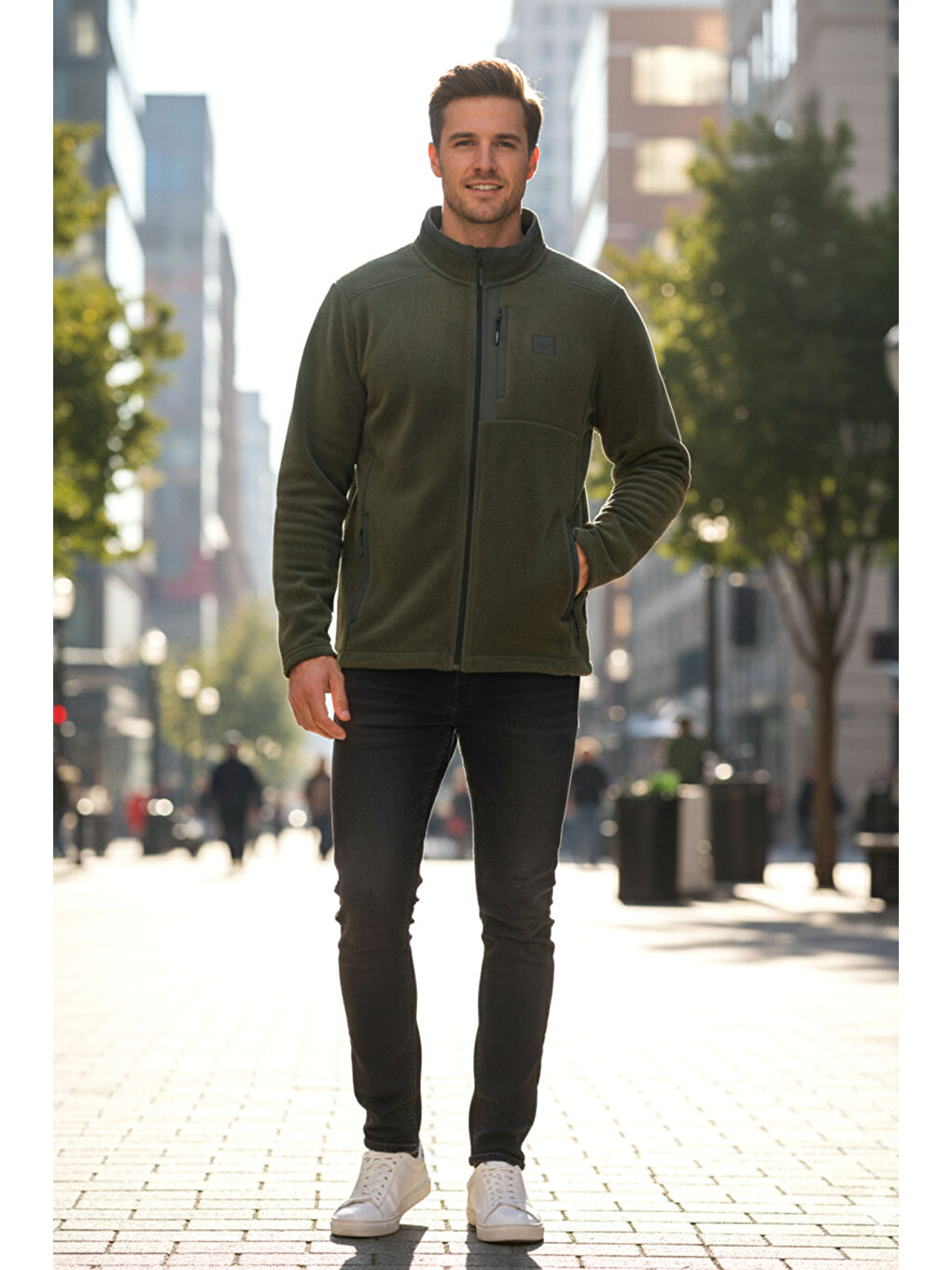 Erkek Polar Önü Fermuarlı Tek Üst Ceket 9527 Haki-1