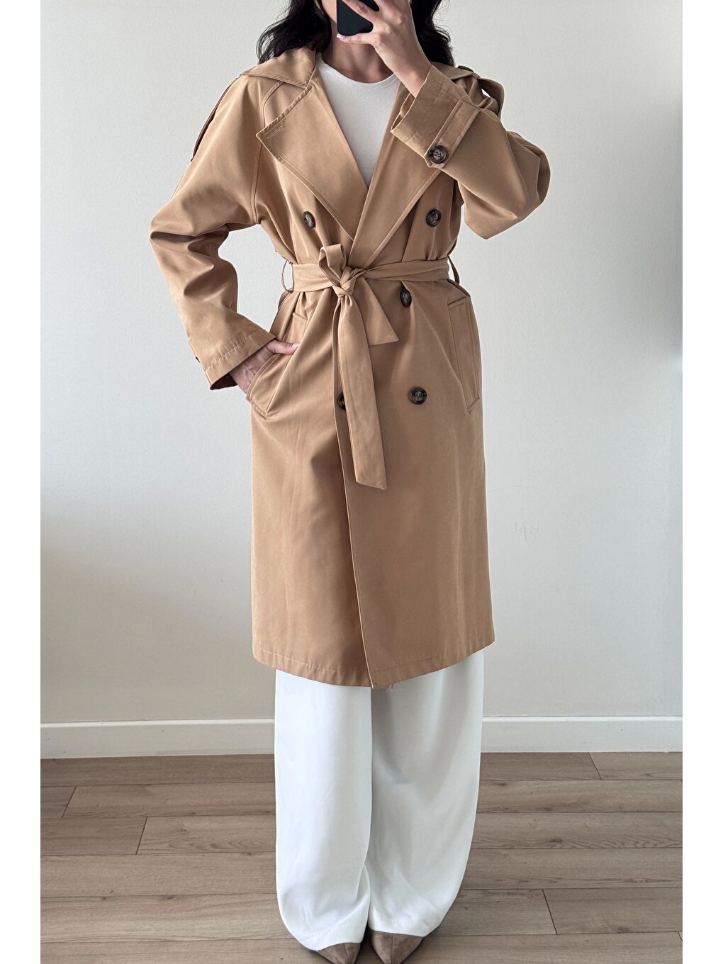 Kahverengi Kadın Camel Uzun Trenç 1041-5051-4