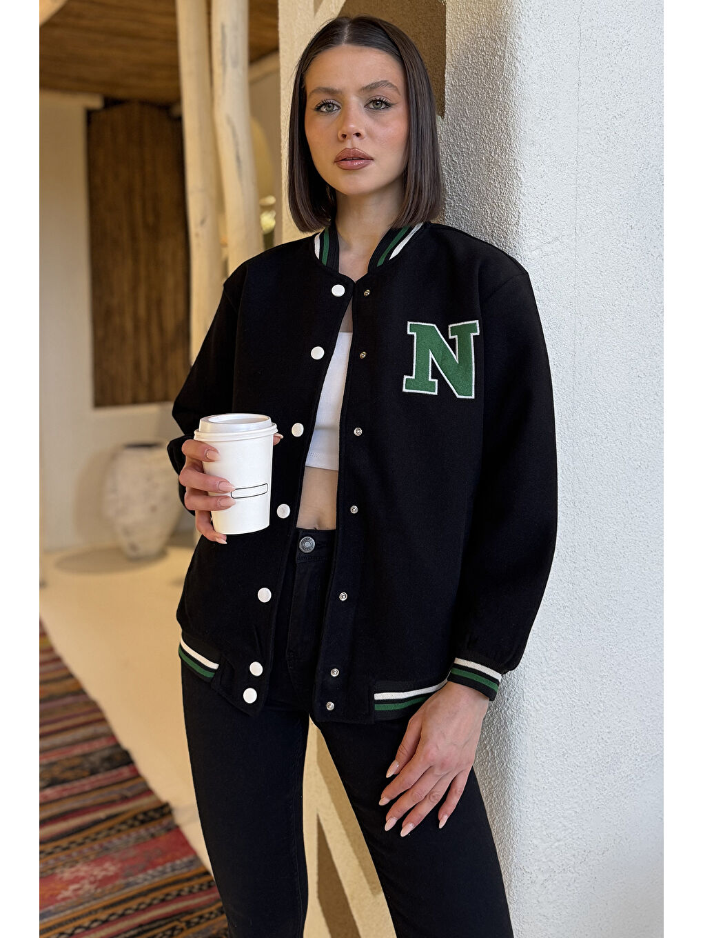 Siyah Kadın Şerit Detaylı Ön Çıtçıtlı Kolej Ceket