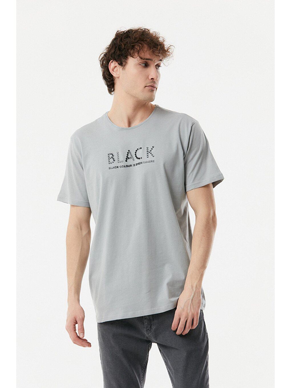 Gri Baskılı Bisiklet Yaka Tişört