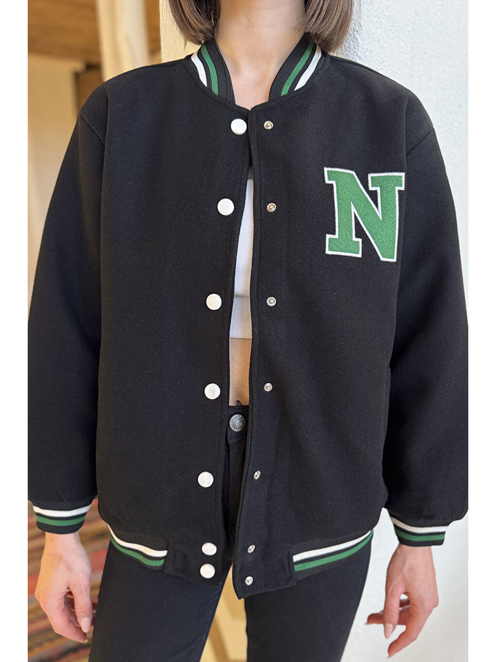 Siyah Kadın Şerit Detaylı Ön Çıtçıtlı Kolej Ceket-2