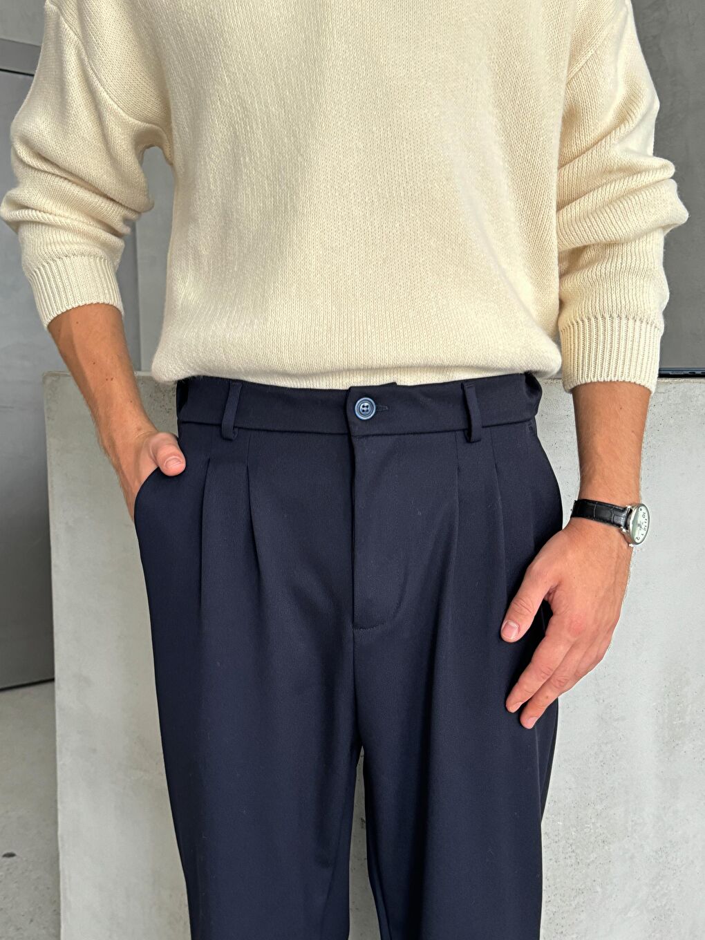 Lacivert Erkek Pileli Baggy Kalıp Kumaş Pantolon-3