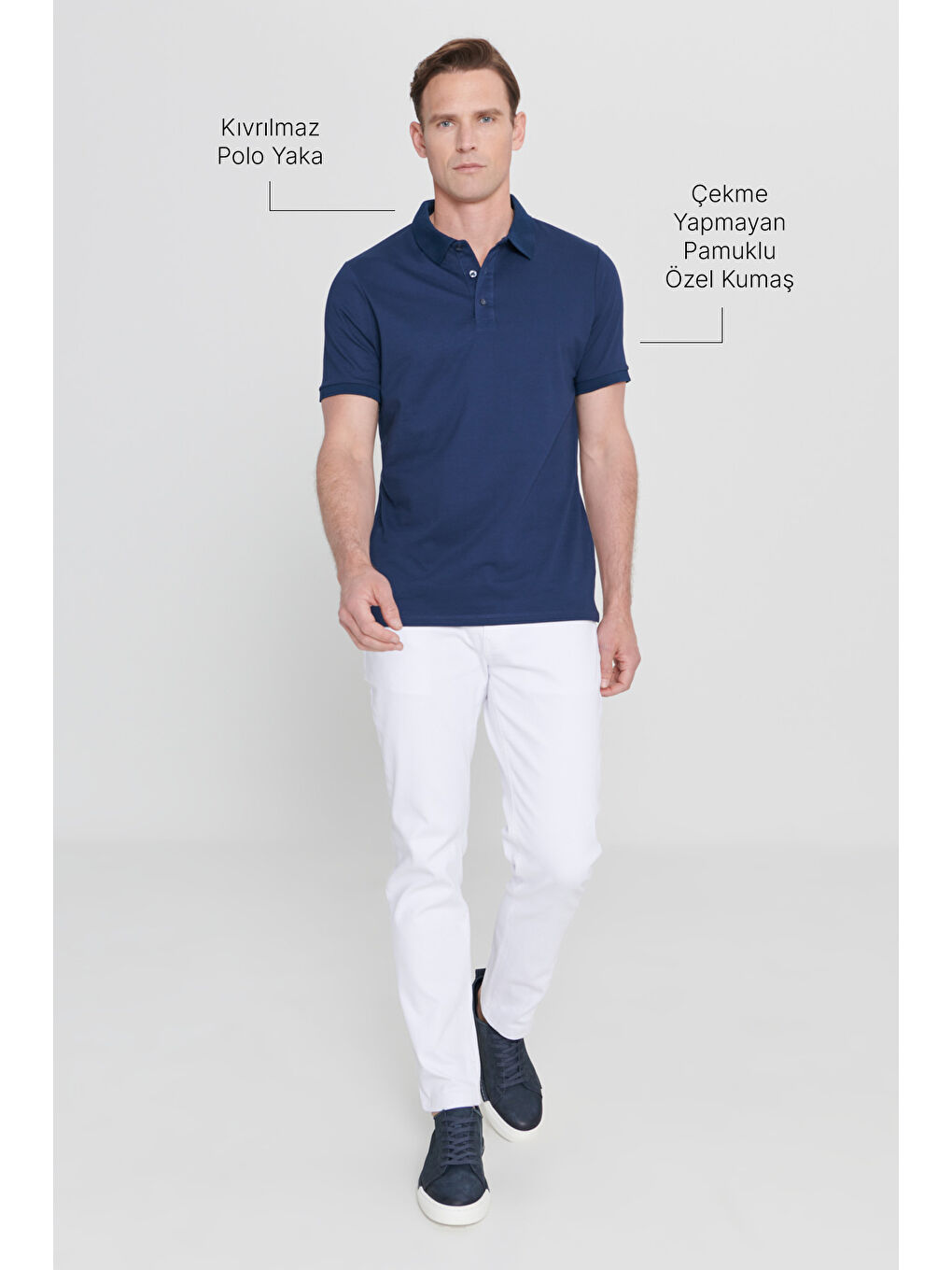 Erkek Lacivert Slim Fit Dar Kesim Kıvrılmaz Polo Yaka Kısa Kollu Tişört-1