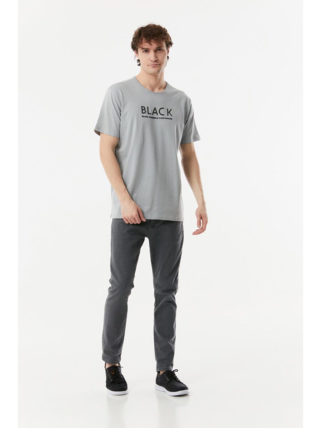 Gri Baskılı Bisiklet Yaka Tişört-1