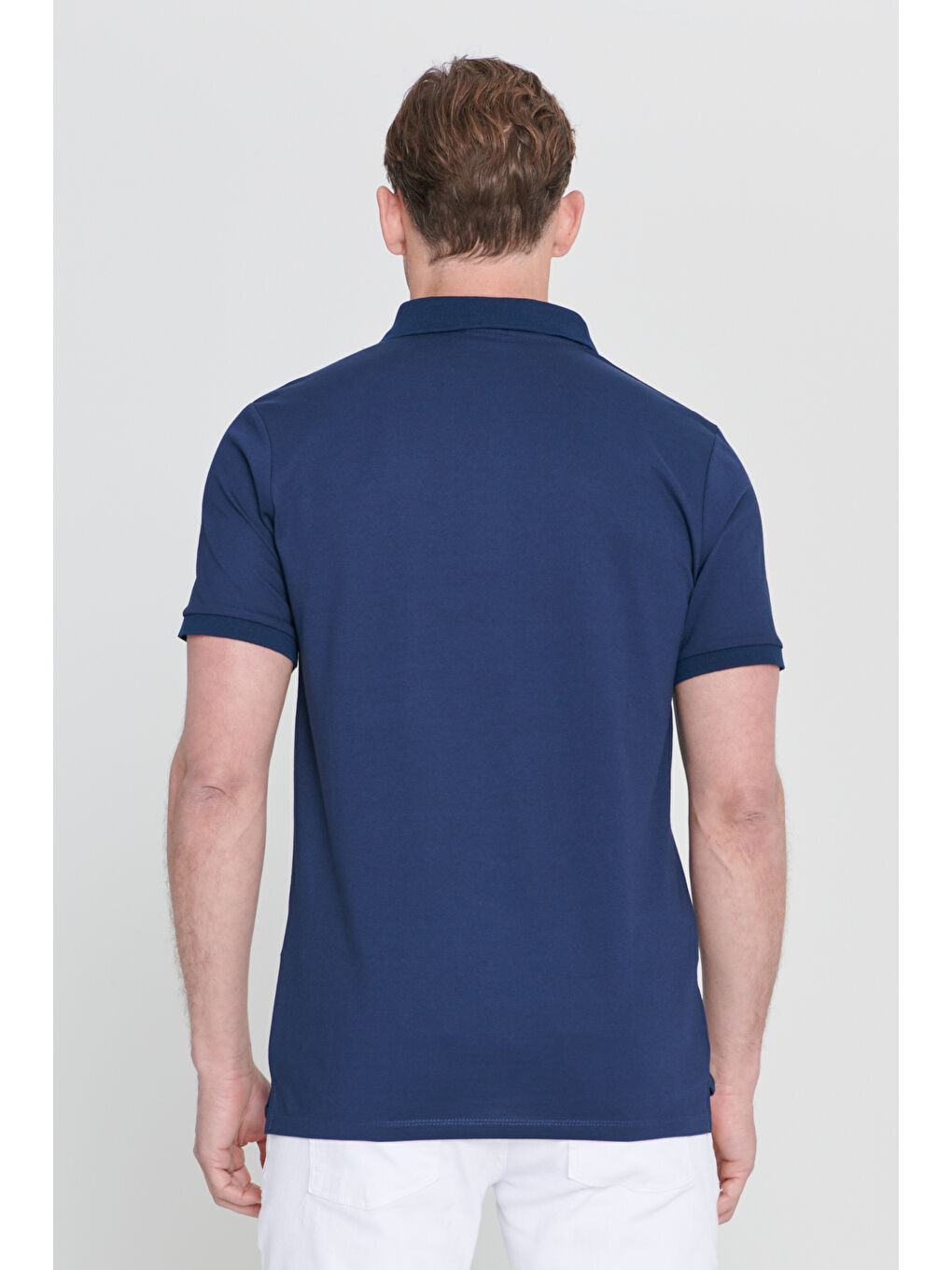 Erkek Lacivert Slim Fit Dar Kesim Kıvrılmaz Polo Yaka Kısa Kollu Tişört-4