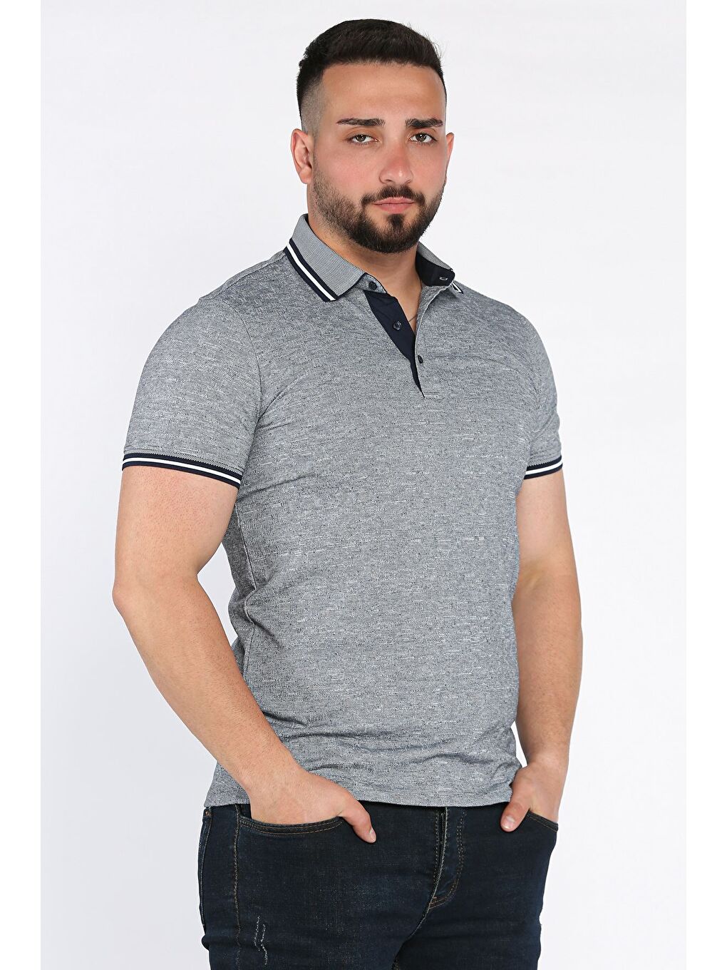 Lacivert Yarım Düğmeli Polo Yaka Erkek Tişört-1