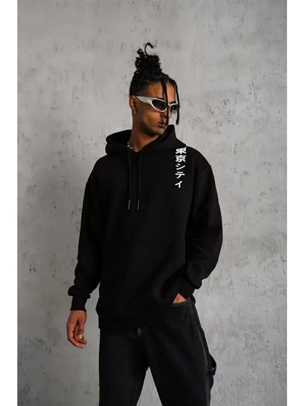 Unisex Kapüşonlu Uzun Kol Baskılı Sweetshirt - Siyah