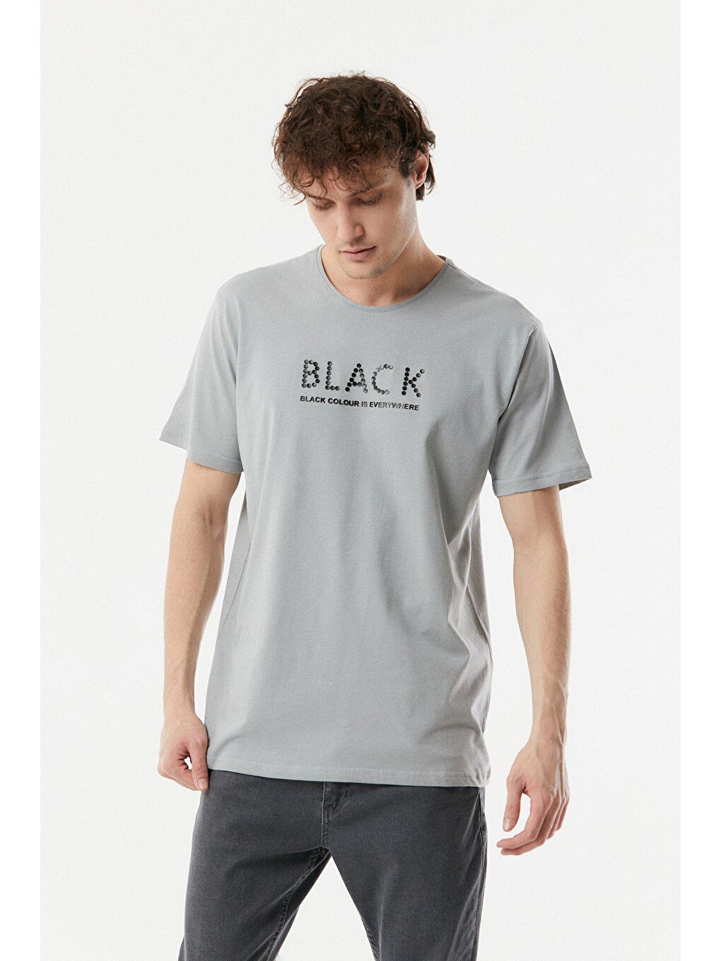 Gri Baskılı Bisiklet Yaka Tişört-2