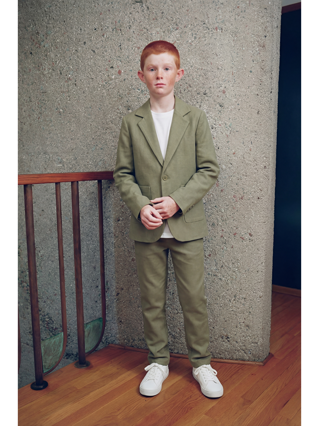 Yeşil Erkek Çocuk Pamuklu Haki Blazer Takım – Ceket, Pantolon Ve T-Shirt Dahil (3'Lü Set)