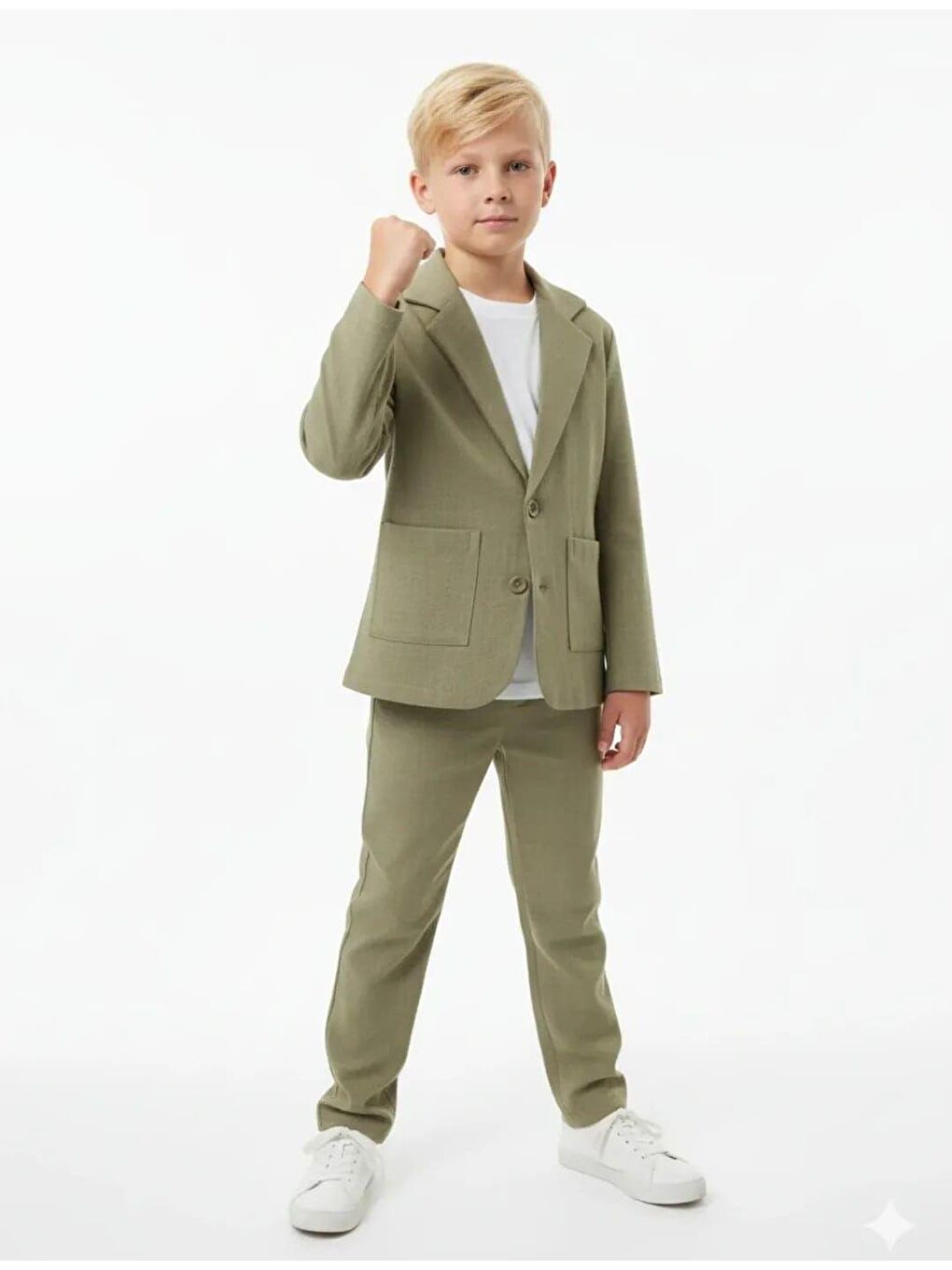 Yeşil Erkek Çocuk Pamuklu Haki Blazer Takım – Ceket, Pantolon Ve T-Shirt Dahil (3'Lü Set)-1