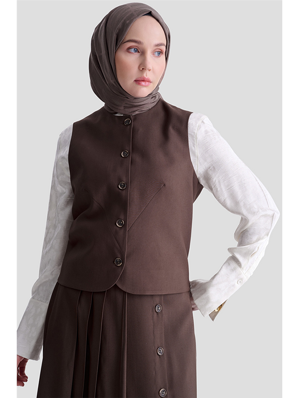 Kahverengi Yelekli Etek Takım Acı Kahve-2