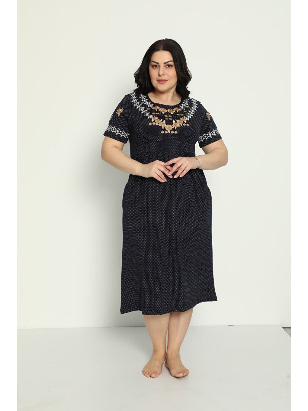 Lacivert Kadın Cepli Nakış Detaylı Penye Modal Büyük Beden Elbise-1