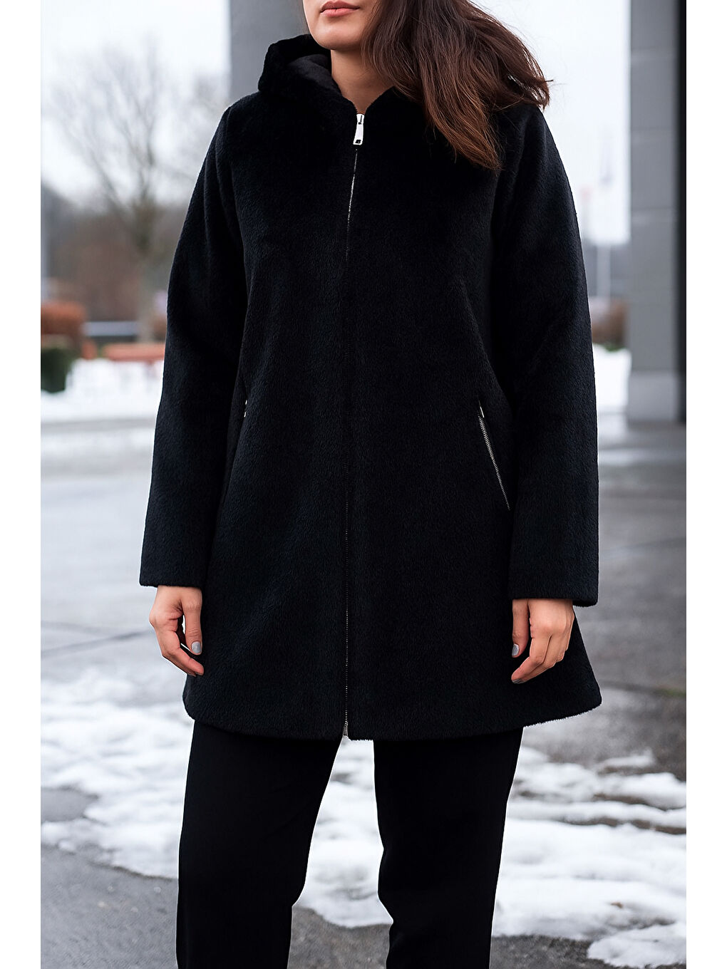 Büyük Beden Fermuar Detay Kap Ceket 2590 Siyah