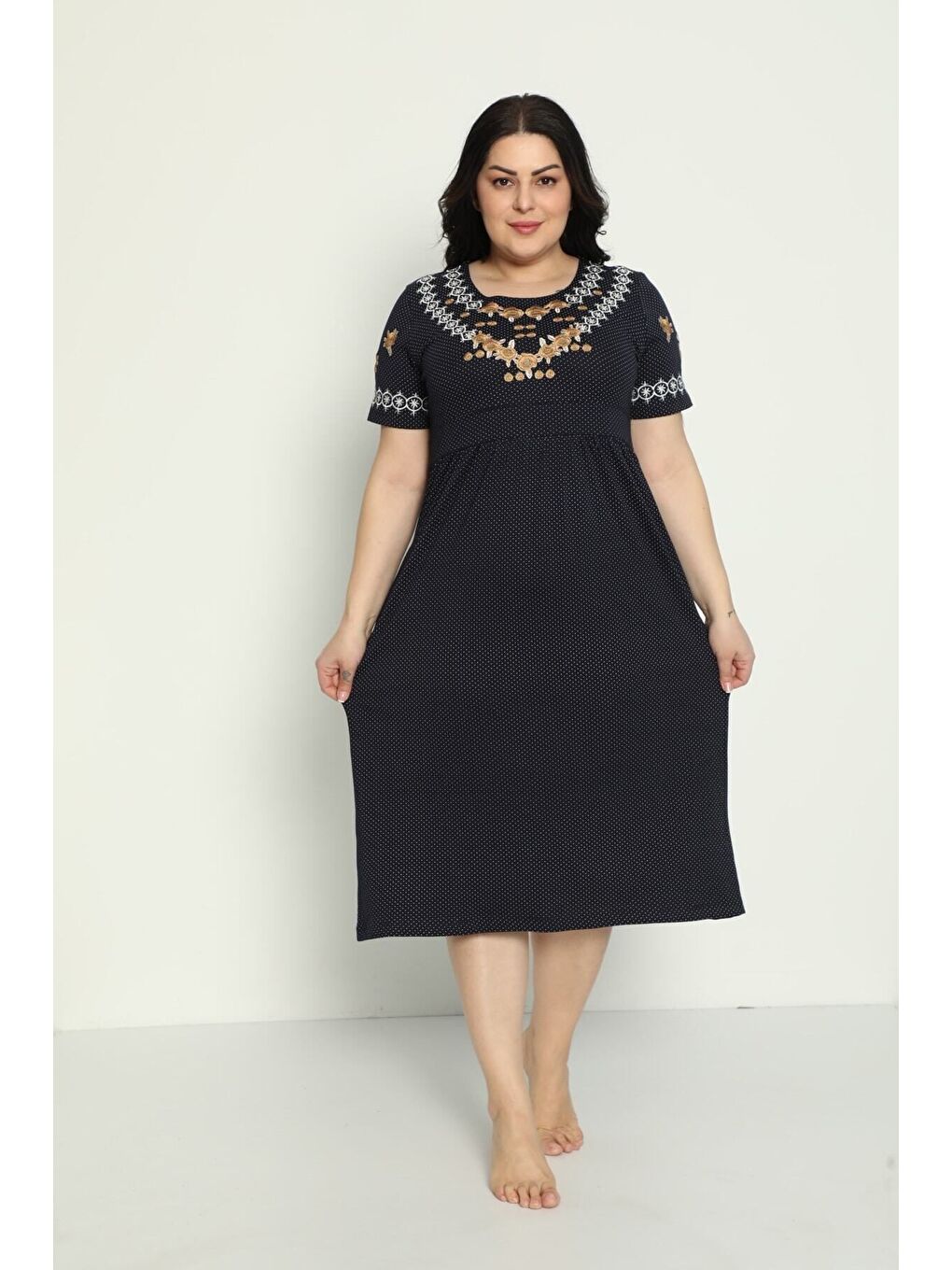 Lacivert Kadın Cepli Nakış Detaylı Penye Modal Büyük Beden Elbise-2