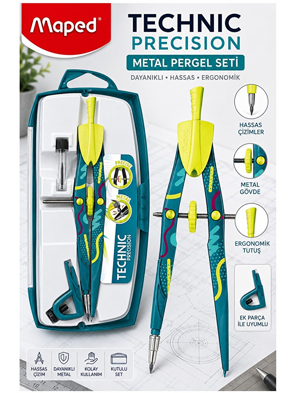 Metal Pergel Seti 3 Parça 1 Adet Technic 291013 Precision Profesyonel Pergel Çizim Matematik G