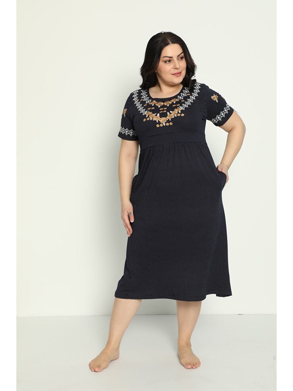 Lacivert Kadın Cepli Nakış Detaylı Penye Modal Büyük Beden Elbise-3