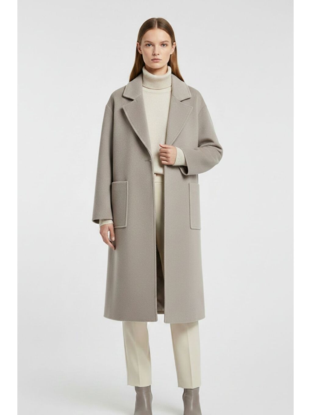 Bej Torba Cepli Premium Yün Karışımlı Vizon Rengi Kaban