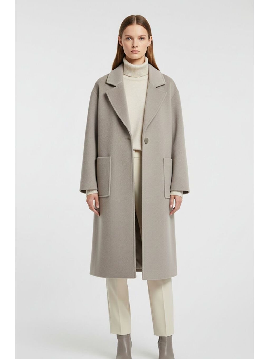 Bej Torba Cepli Premium Yün Karışımlı Vizon Rengi Kaban-1