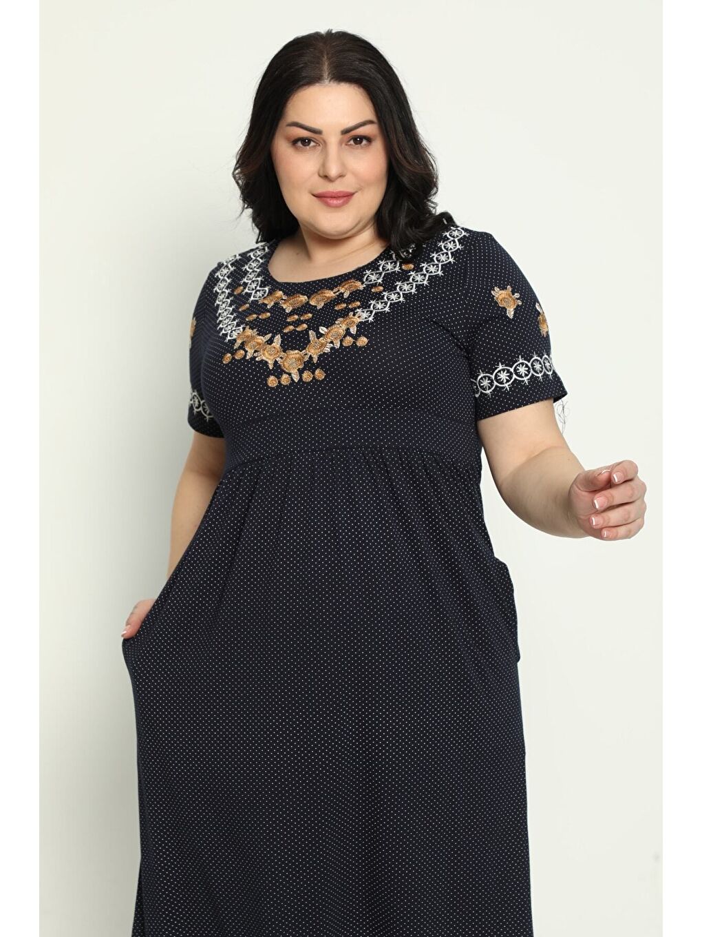 Lacivert Kadın Cepli Nakış Detaylı Penye Modal Büyük Beden Elbise-4