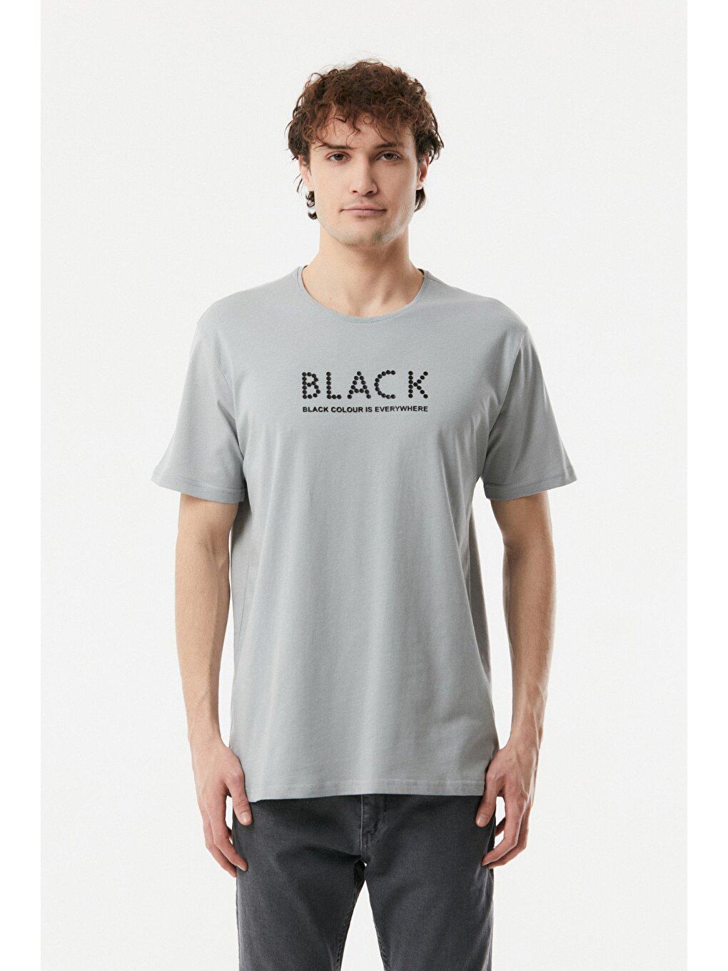 Gri Baskılı Bisiklet Yaka Tişört-4