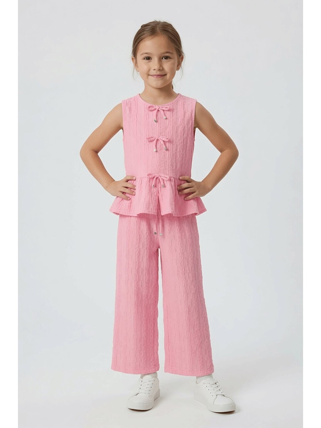 Pembe Sıfır Kol Fiyonklu Bluz Geniş Paça Pantolonlu Kız Çocuk 2li Takım 24712-1