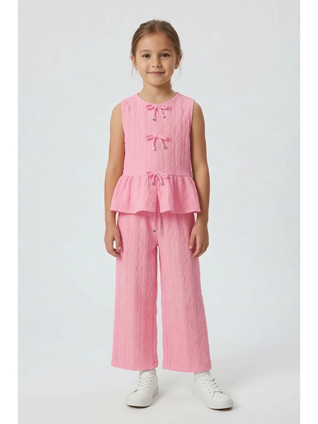 Pembe Sıfır Kol Fiyonklu Bluz Geniş Paça Pantolonlu Kız Çocuk 2li Takım 24712-3