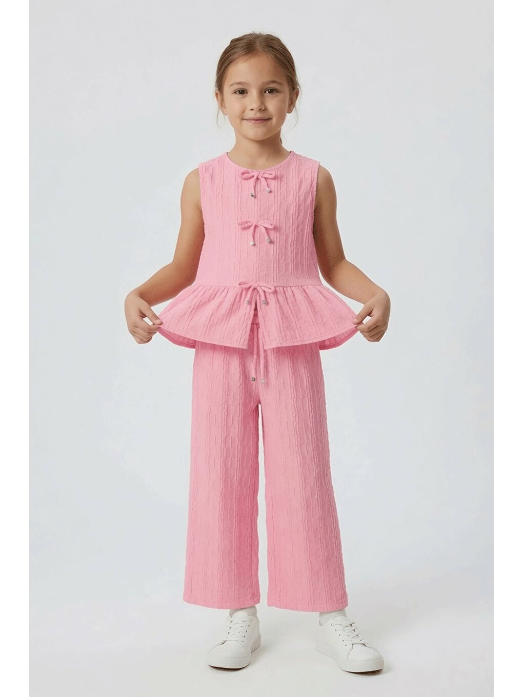 Pembe Sıfır Kol Fiyonklu Bluz Geniş Paça Pantolonlu Kız Çocuk 2li Takım 24712-4