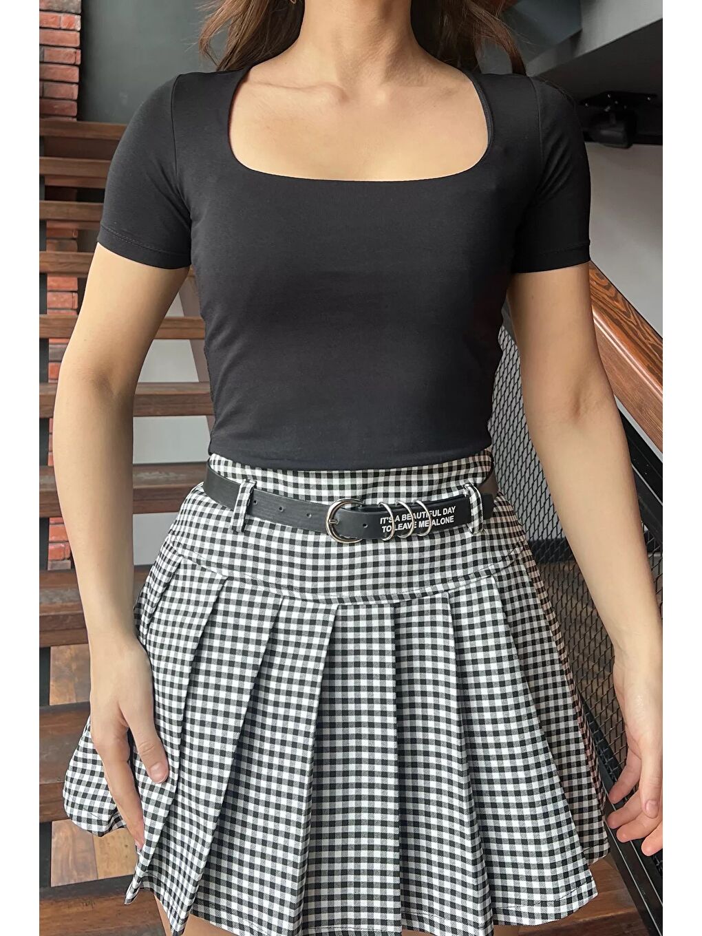 Siyah Kare Yaka Crop Top Body Bluz-1