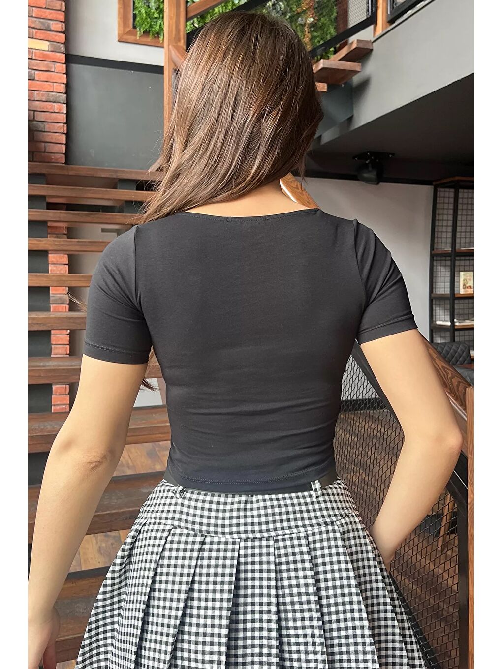 Siyah Kare Yaka Crop Top Body Bluz-2